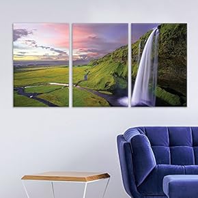 3 Panel Canvas Wall Art - Landscape Waterfall on The Cliff Grassland - Giclee Print Gallery Wrap Modern Home Art Ready to Hang - 16"x24" x 3 Panels