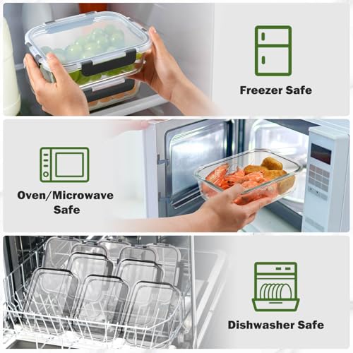 YASHE Glass Containers with Lids, 10 Pack Thick & Durable Food Containers - Stackable Airtight Glass Meal Prep Containers, BPA-Free Food Storage for Microwave, Oven, Freezer and Dishwasher