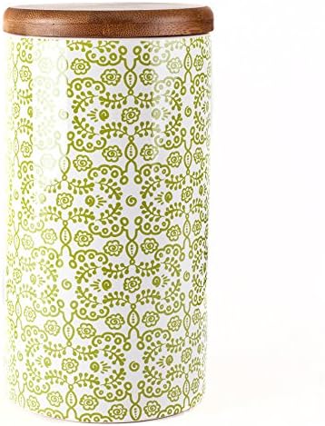 Kris Ruff 32837 9 in. Green Floral Canister with Bamboo Lid - White &amp; Green