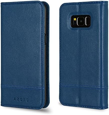 Samsung Galaxy S8 Case, AZOFO Genuine Leather Wallet Case, Slim Fit Flip Cover Folio Book Style for Samsung Galaxy S8 with ID&amp;Credit Card Holder, Kickstand, Cash Pockets, Magnetic Clousure, Blue