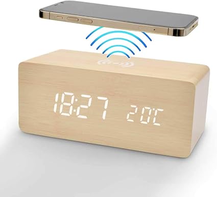 Amazon Co Jp Woodクロック ワイヤレス 充電 置き時計 おしゃれ デジタル Led Wood Colck 置時計 ナチュラル ホーム キッチン