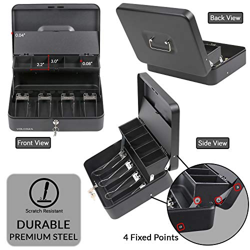 Cash Box with Key Lock Steel Tiered Money Coin Tray with Lid Cover