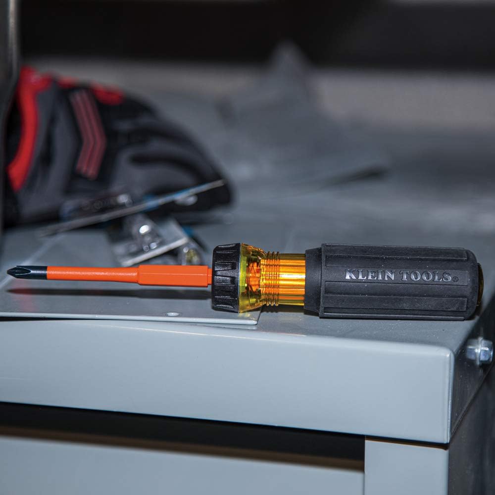 Klein Tools 32293 Insulated Screwdriver, 2-in-1 Screwdriver Set with Flip Blade, #2 Phillips and1/4-Inch Slotted Tips, Double-Ended Blades - - 