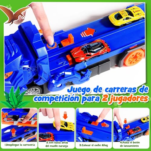 NEOROSVIKA Dinosaurios de Juguetes, Camión de Juguete de Dinosaurios con 12 Coches, Carritos Juguetes para Niño, Pista Doble Plegable, Regalo para Niños y Niñas (Azul)