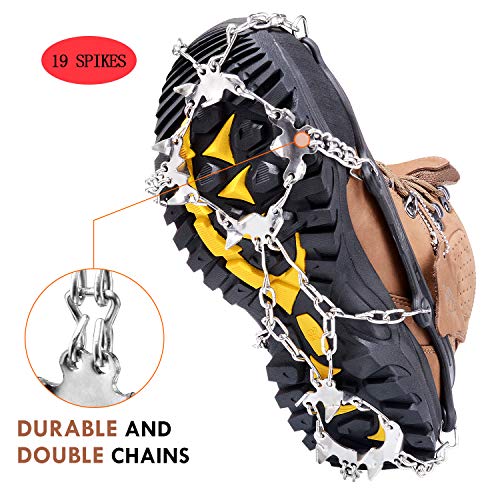 Ice Snow Grips Crampons,TURNRAISE Traction Cleats with 19 Spikes System Safe Protect for Walking, Ice Fishing, Climbing and Hiking on Snow and Ice (X-Large)