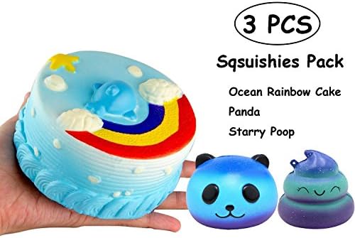 3 Pack Jumbo Slow Rising Squishies Kawaii Panda and Starry Poop Ocean Rainbow Cake Scented Squeeze Toy, Stress Relief Toy For Fun