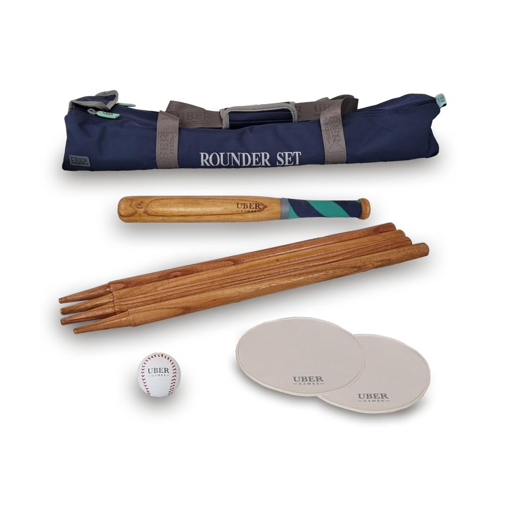 Uber Games Premium Rounders Set – Includes Wooden Bat, Leather Ball, 4 Wooden Posts (60cm), 2 Rubber Bases, and Nylon Storage Bag – Outdoor Game for Park, or Beach Fun. Used by schools and clubs