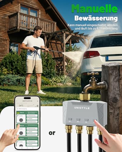 Unistyle Irrigation Computer WLAN 4 Outputs | New Edition 2026 - App Control, 5 Watering Plans, Precise Control, Alexa Voice Control, Automatic Watering for Garden & Plants