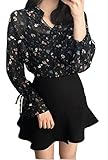 C2U Women Sweet Black See Through Floral Printed Bell Sleeve Chiffon Blouse
