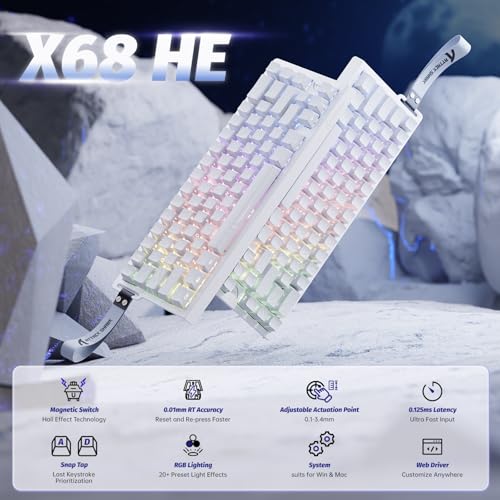 ATTACK SHARK X68 HE 8000Hz Rapid Trigger Keyboard, 0.01mm RT Accuracy Wired Gaming Keyboard with Magnetic Switch, Adjustable Actuation, Rapid Trigger, Snap Tap, RGB Lighting for PC/Mac, White Contours