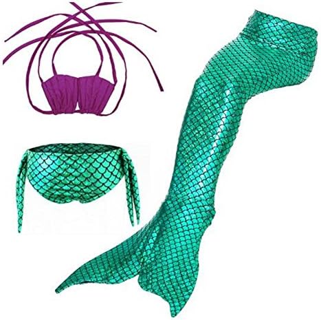 HBMaida Girls Sparkle Mermaid Tail with Monofin Swimmable Tail Swimsuit 3PCS Sets
