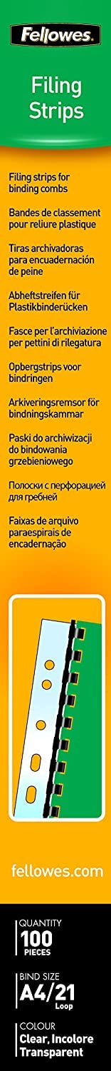 Fellowes Filing Strips for Plastic Spine A4, 21 Bunny Ears, 100 pcs, Transparent