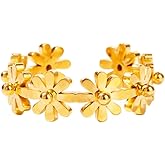 Daisy Flower Ring for Women Gold-Tone Plated Stainless Steel Adjustable Wrap Open Band Dainty Sunflower Promise Jewelry Minimalist Stacking Ring for Engagement Wedding Party Present for Daughter