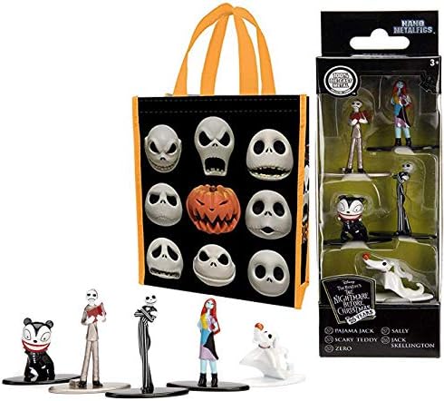 Metal NBX Figures Nightmare Before Christmas Mini Figs 5-Pack Jack Skellington / Sally / Scary Teddy / Pajama / Zero Ghost Dog Pop Nano Cartoon + Canvas Tote Bag with Printed Halloween Town Characters