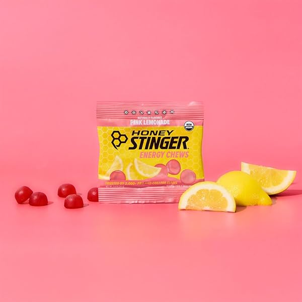HONEY STINGER ORGANIC PINK LEMONADE ENERGY CHEW, GLUTEN FREE & CAFFEINE FREE, FOR EXERCISE, RUNNING AND PERFORMANCE, SPORTS NUTRITION FOR HOME & GYM, PRE AND MID WORKOUT, 21.6 OUNCES (PACK OF 12)