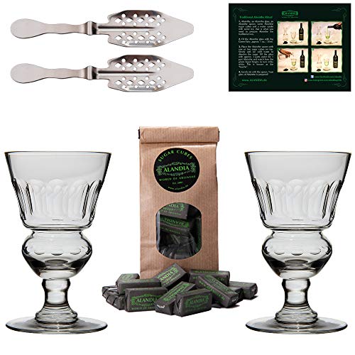 Premium Absinthe Spoons Glasses Set | 2x Absinthe Glasses | 2x Absinthe Spoons | 1x Absinthe Sugar Cubes | 1x Drinking instructions card for the Absinthe ritual