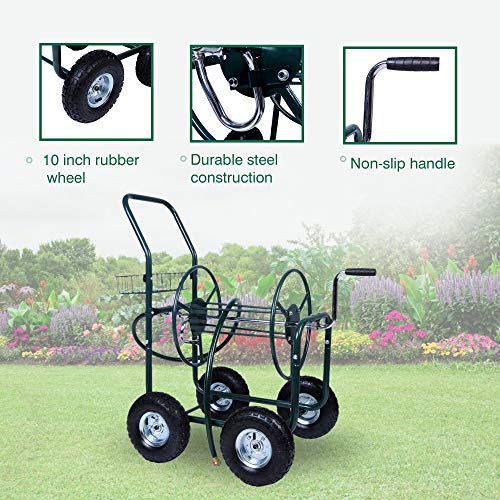Livebest 4 Wheel Garden Hose Reel Cart Heavy Duty Yard Water Planting with Storage Basket,Holds 390FT Hose