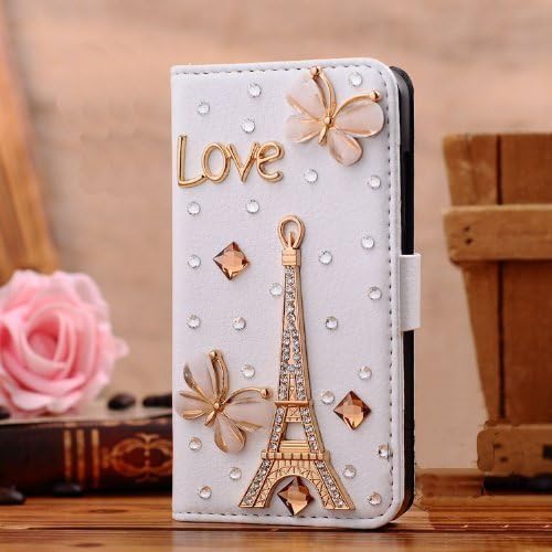 ALLUCKY White Luxury 3D Fashion Handmade Bling Crystal Rhinestone PU Flip Wallet Leather Case Cover for Smart Mobile Phones (Apple iPhone 6 Plus 5.5'', Golden Eiffel Tower)