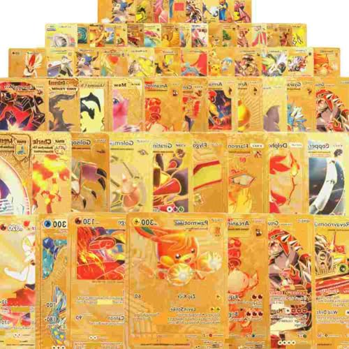 Qxotvzy 55 Gold Cards Packs for Vmax V EX GX Rare Golden Cards TCG Deck Box Gold Foil Compatible with Fans Collectors Gifts No Duplicate DVSD