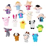 OPount 16 Pcs Soft Plush Animal Finger Puppets Set Including 10 Pcs Animal + 6 Pcs People Family Members Educational Toys