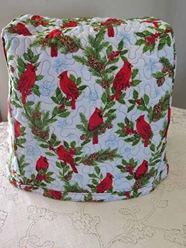 Kitchen Mixer Cover - Cardinal &amp; Pinecone Design with Red &amp; Silver Dot Reverse Side - Reversible Quilted KitchenAid Appliance Dust Cover - Size and Pocket Options