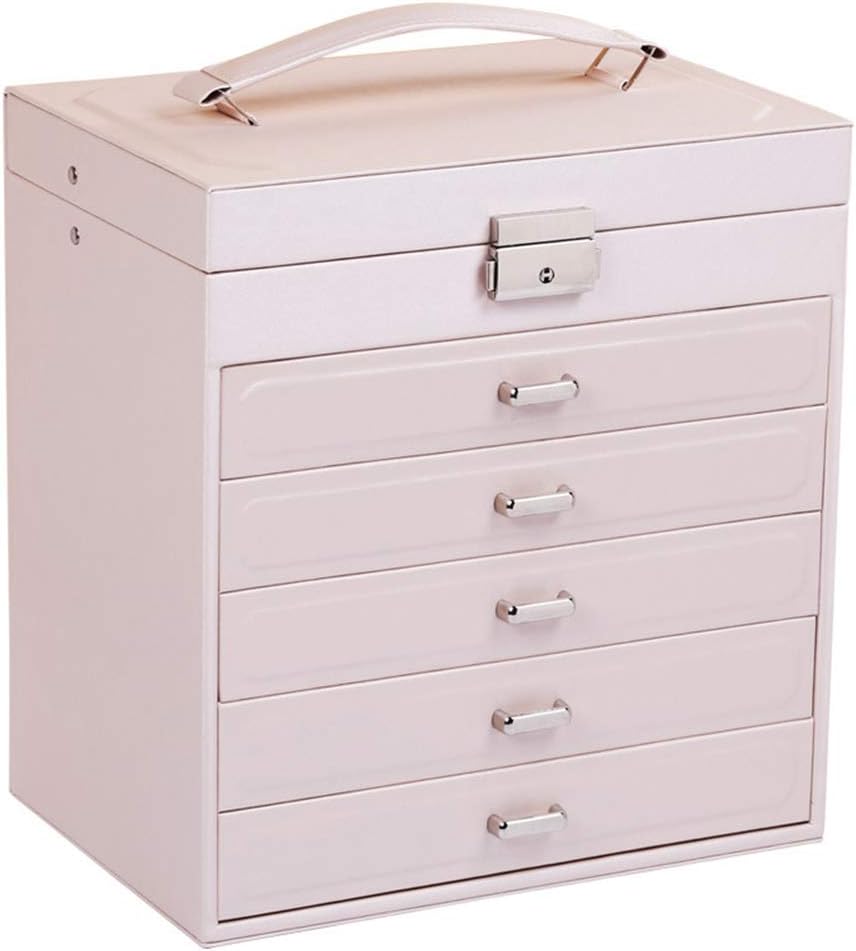 XBSD Oversized Multilayer Storage Box 9.84 Inches Long x 6.69 Inches Wide x 10.63 Inches with Mirror, Watch Jewelry Box, Necklace, Ring, Earrings,Can Lockable, Pink
