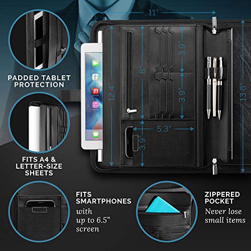 NERO Zippered Vegan Leather Padfolio/Portfolio Pad Holder