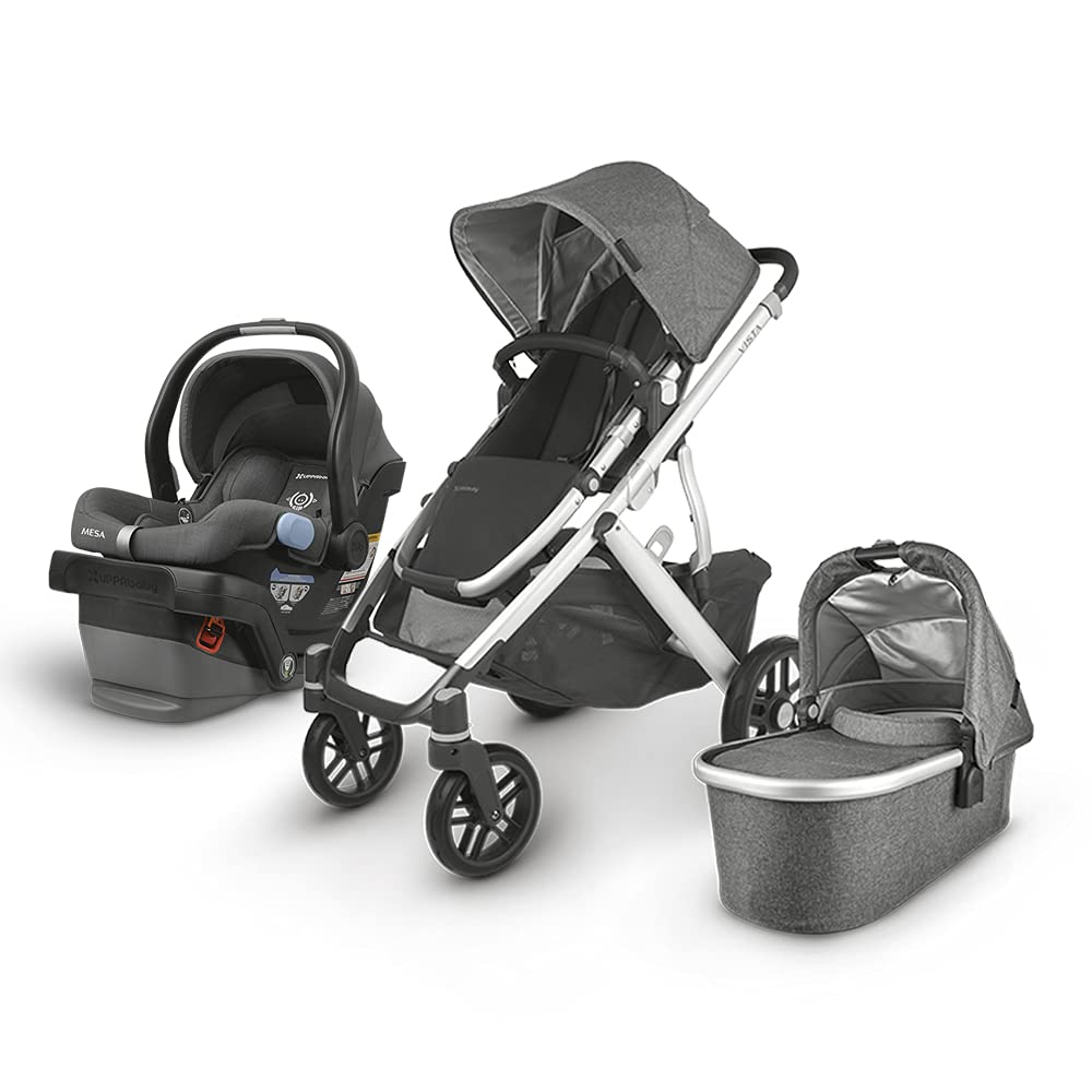 UPPAbaby Vista V2 Stroller - Jordan (Charcoal Melange/Silver/Black Leather) + Mesa Infant Car Seat - Jordan (Charcoal Melange) Merino Wool Image