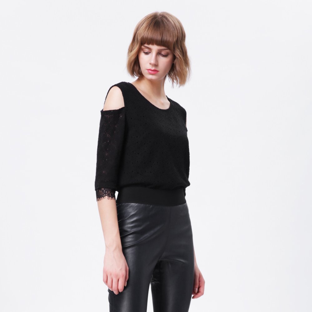 Women Elegant Hollow Out T Shirt Cold Shoulder Loose White Lace Crochet Blouse Tops (38, black)