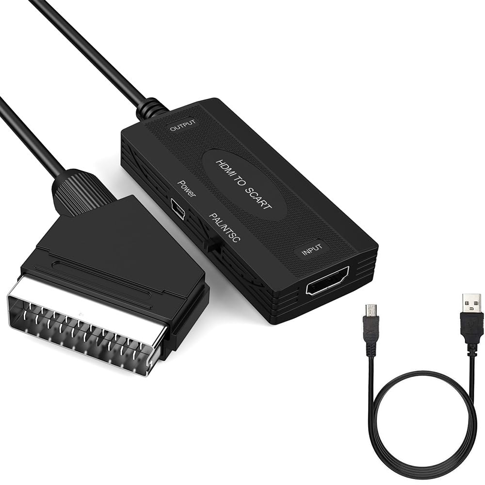 SUJAHHUJIQ HDMI to SCART Video Converter, 1080P HD Adapter with Cables, NTSC/PAL Support (Video+Audio Over Scart)