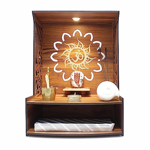 Heartily® Laabh Beautiful Wooden Pooja Stand for Home and Office - Mandir/Temple With LED Spot Light (H- 15.5, L- 11.5, W-11 Inch)