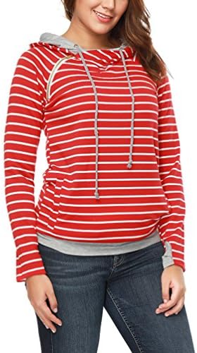 Jetewish Women Long Sleeve Striped Hoodie Side Zipper Hooded Pullover Sweatshirt (Red, X-Large)