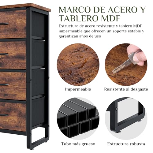 Cómoda Cajonera para Recámara con 4 Cajones de Tela, Parte Superior Impermeable, Estructura Metálica Resistente, Mueble Organizador de Almacenamiento para Dormitorio, Sala o Pasillo(Marrón Rústico)