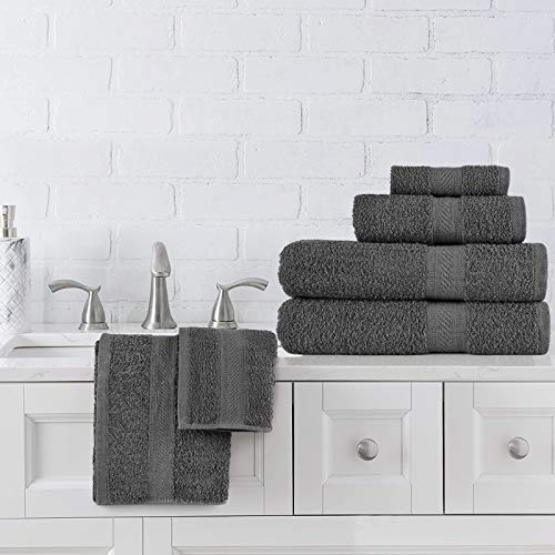 Sweet Needle Set of 6 Towels - 2 Bath Towels, 2 Hand Towels and 2 Washcloths Cotton Daily Use, Hotel Quality, Soft, Highly Absorbent, Quick Dry, Lightweight (Charcoal)