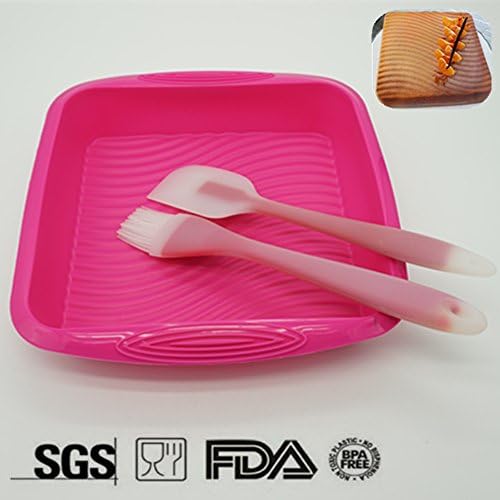 Nonstick Bakeware 3-Piece Set – Square Cake Pan Baking Mold Meat Loaf bread Pie set with Spatula and Brush, Extra Thick and Solid Silicone, FDA Approved (Pink)