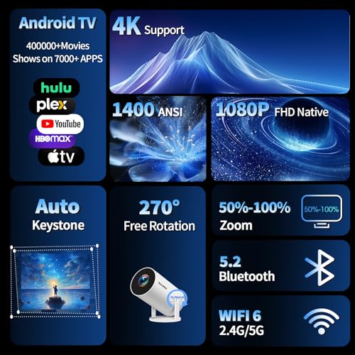 Mini Projector 4K 1080P Full HD Video Portable Projector Support with WiFi 6 & Bluetooth 5.2, Auto Keystone Adjustment Built-in Apps Smart with 270° Rotation for USB/TV Stick/HDMI-White