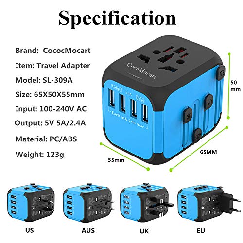 Cococart Universal Travel Adapter, All-in-one Worldwide Travel Charger Travel Socket, International Power Wall Charger AC Plug Adaptor with 4 USB Ports Multi-Nation Travel Accessories