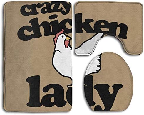 VANKINE Crazy Chicken Lady Family Flannel Non-Slip Bathroom Rug Mats Set 3 Piece Washable Contour Rug and Lid Cover