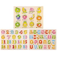 Antner Wooden Peg Puzzle for Toddlers (Set of 3) Numbers, Letters and Fruit Puzzle Educational Toys Kids Jigsaw Puzzle