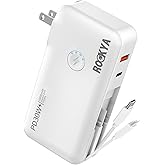 ROCKYA Portable Charger with Foldable AC Wall Plug,Built in Cables,PD 30W Fast Charging USB C Power Bank 16000mAh with 4 outputs,Travel Essentials Battery Pack Compatible with iPhone,iPad,Samsung,etc