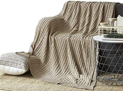 NUVOLE Luxury Knitted Throw Blanket, 100% Cotton Cable Knitted Throws Blanket Lightweight Quilt Throw for Home Decorative, Sofa,Couch,Travel,Picnic Blanket, Khaki