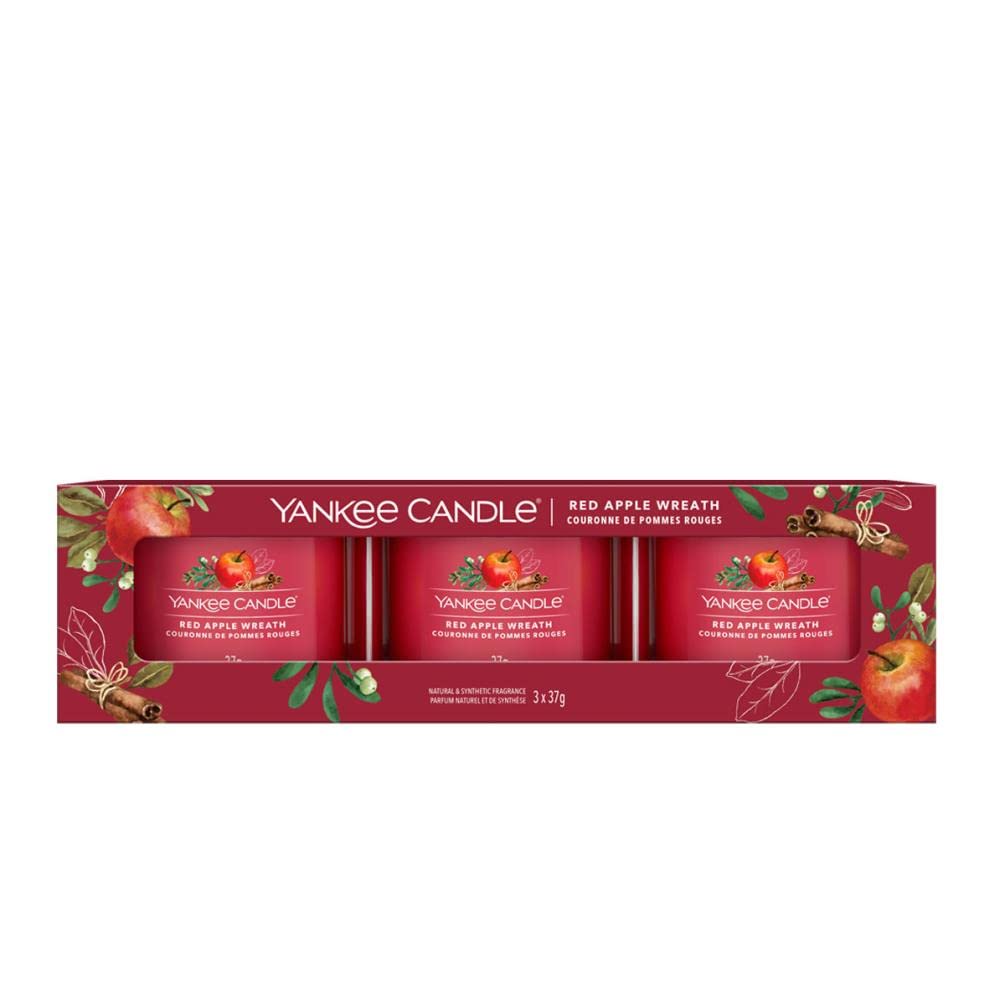 Yankee Candle Red Apple Wreath 3 Filled Votive Candle Gift Set
