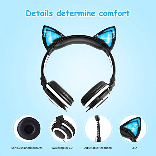 Esonstyle Kids headphones Over Ear with LED Glowing Cat Ears,Safe Wired Kids Headsets 85dB Volume Limited, Food Grade Silicone, 3.5mm Aux Jack, Cat-Inspired Pink Headphones for Girls (black)