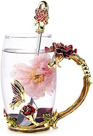 NBWUYUE Tea Cup Elegant Floral Clear Glass Coffee Mugs For Women Unique Enamel Spoon Valentine's Day Birthday 2018 New Year Gift Decoration Wedding Gift Tall