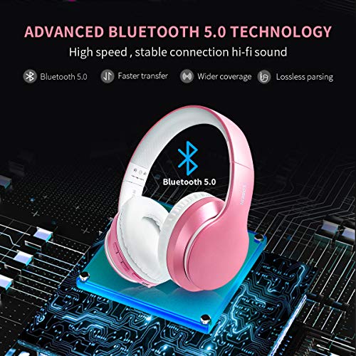 Rose Pink LOBKIN Over-Ear Bluetooth Headphones with Microphone Stereo Noise Reduce Over Ear Studio School Gaming Sleep Party Outdoor Kids Girls Wireless Headphones