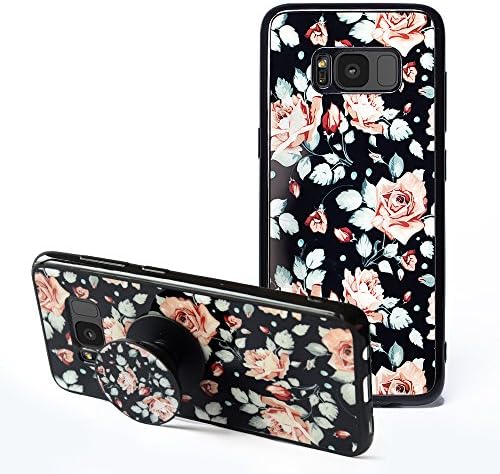 Samsung Galaxy S8 Plus Case, S8 Plus Flowers Cases with Pop up Kickstand [Shockproof +Anti-Scratch] Fashion Soft TPU Bumper and Holder Stand Black Cover Case for Samsung Galaxy S8 Plus -Black Rose