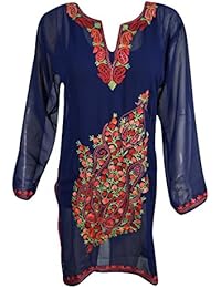 Mogul Womens Kashmiri Tunic Floral Embroidered Georgette Boho Indian Blue Kurti Shirt Dress