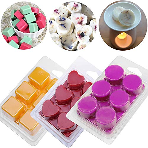 60 Pcs Wax Melt Molds 3 Shapes Cube Round Heart Candle Wax Molds Kit 6 Cavity Clear Plastic Clamshell Mould Tray for Candle Making and Soap Wax Melts Boxes