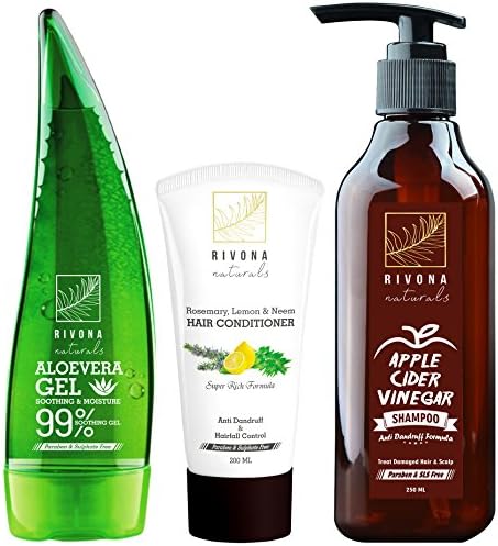 Rivona Naturals Combo Pack of Apple Cider Vinegar Shampoo - 250 ML | Best Hair Conditioner Enriched with Argan Oil , Rosemary , Lemon & Neem - 200 ML | 99% Organic & Pure Soothing Aloe Vera Gel For Face, Skin and Hair - 125 ML