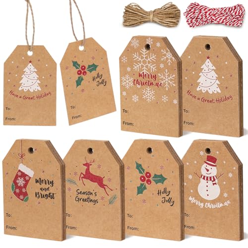 Blisstime Christmas Gift Tags with String 60pcs Twine for Gift Wrapping, Brown Gift Tags for Christmas Presents, Kraft Paper Tags Christmas Packaging